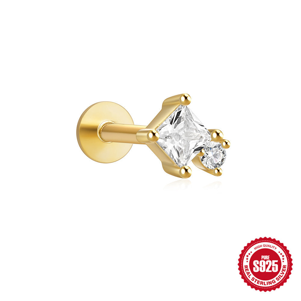 S925Sterling Silver Geometric Star Inlaid with Diamonds Fashion Flat Head Piercing Threaded Ear Bone Stud New Hot-Selling Earrings for Women