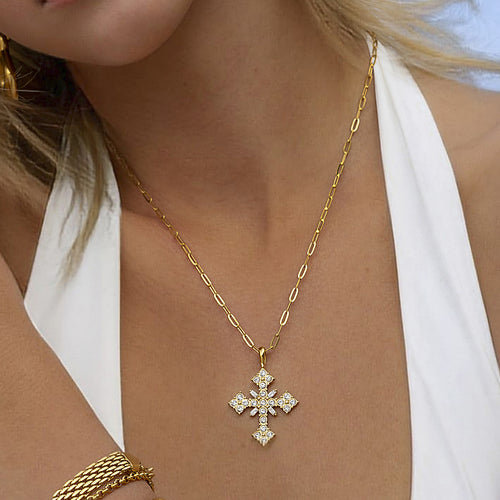 Cross Cubic Zirconia Pendant Stainless Steel Gold-Plated Necklace — front view