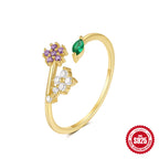 S925Sterling Silver Heart Flower Inlaid Diamond Open Ring Korean Style Opal Index Finger Ring