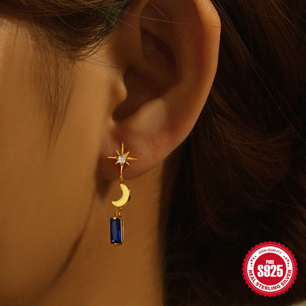 New925Sterling Silver Heart Eight-Pointed Star Inlaid Diamond Crescent Earrings Jewelry Colorful Diamond Stud Earrings