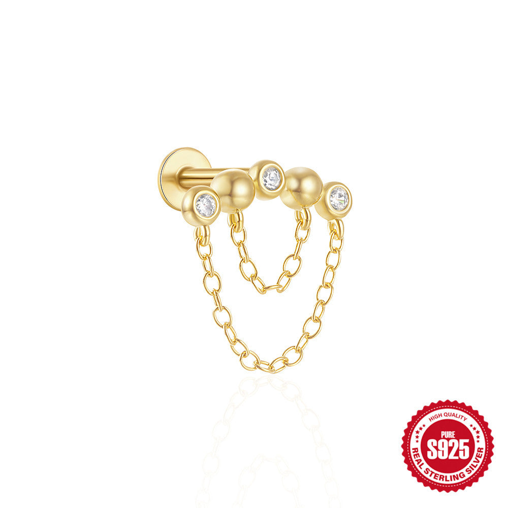 New925Sterling Silver Inlaid Diamond Tassel Piercing Threaded Flat Ear Bone Stud Earrings Hot-Selling Style Ear Jewelry