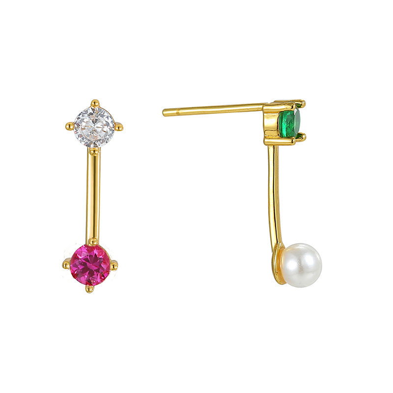 SE0024 S925Silver Japanese Korean Small Design Three-Color Zircon Pearl Stud Earrings for Women14K Gold-plated Earrings