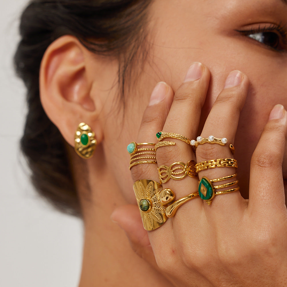 2H18K Gold-plated Stainless Steel French Design Natural Malachite Ring for Women, Non-fading Trendy Jewelry