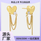 E0708 Elegant Fashion Simple Heart-Shaped Zircon Inlaid Tassel Chain Earrings for Women Heart Drop Earrings