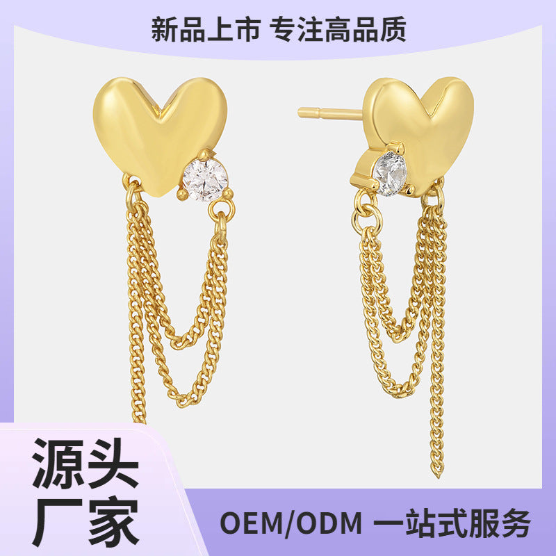 E0708 Elegant Fashion Simple Heart-Shaped Zircon Inlaid Tassel Chain Earrings for Women Heart Drop Earrings