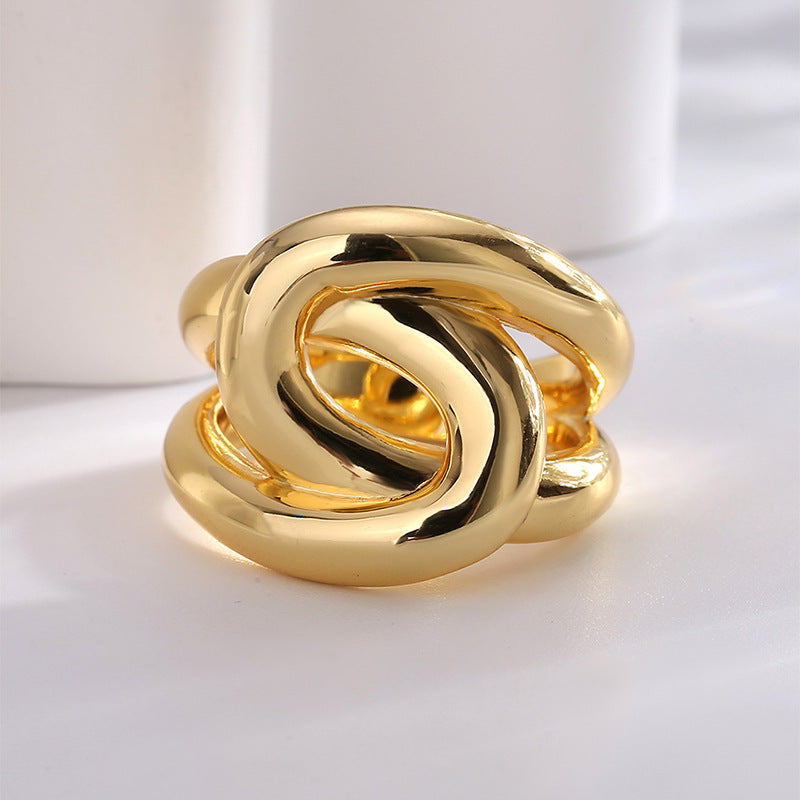 R0310 Exaggerated Irregular Interwoven Twisted Ring for Women with Metallic Texture and Smooth Surface