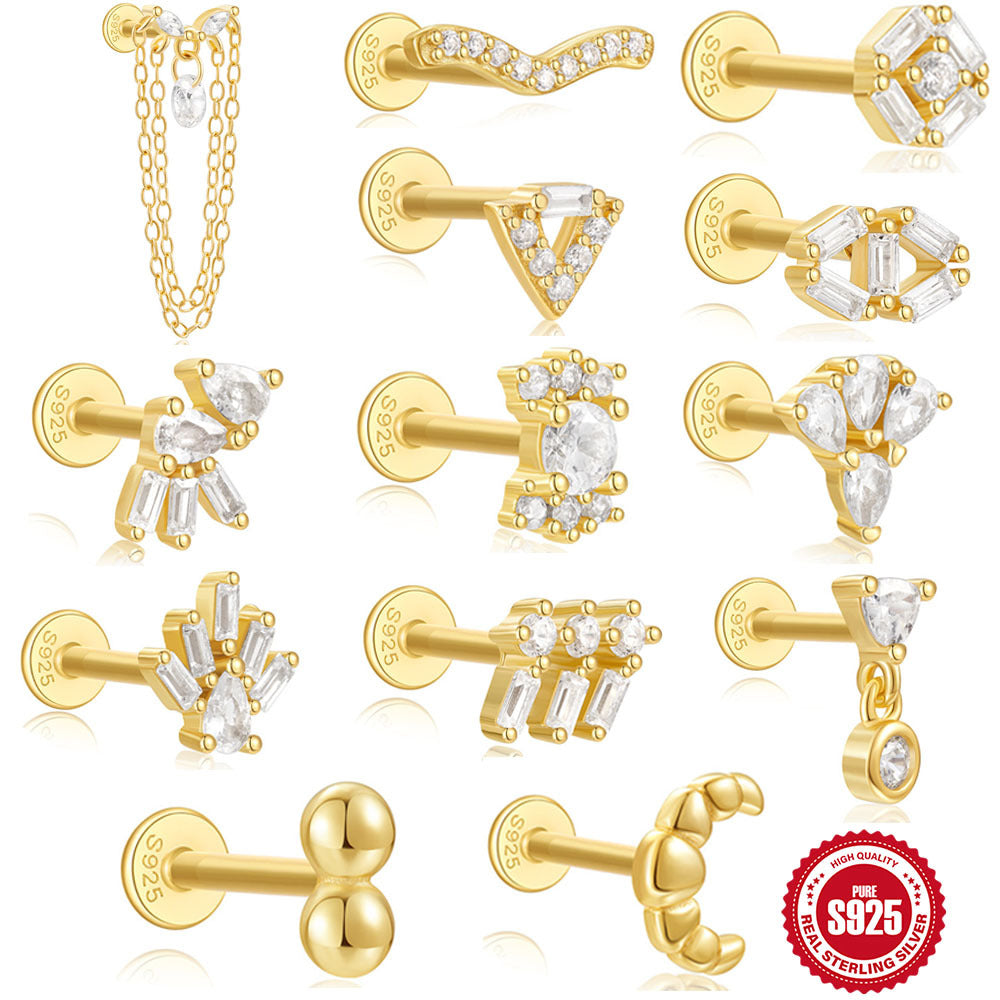 925Sterling Silver Tassel Water Drop Zircon Cartilage Piercing Flat Spiral Piercing Earrings Hot Selling Ear Bone Studs