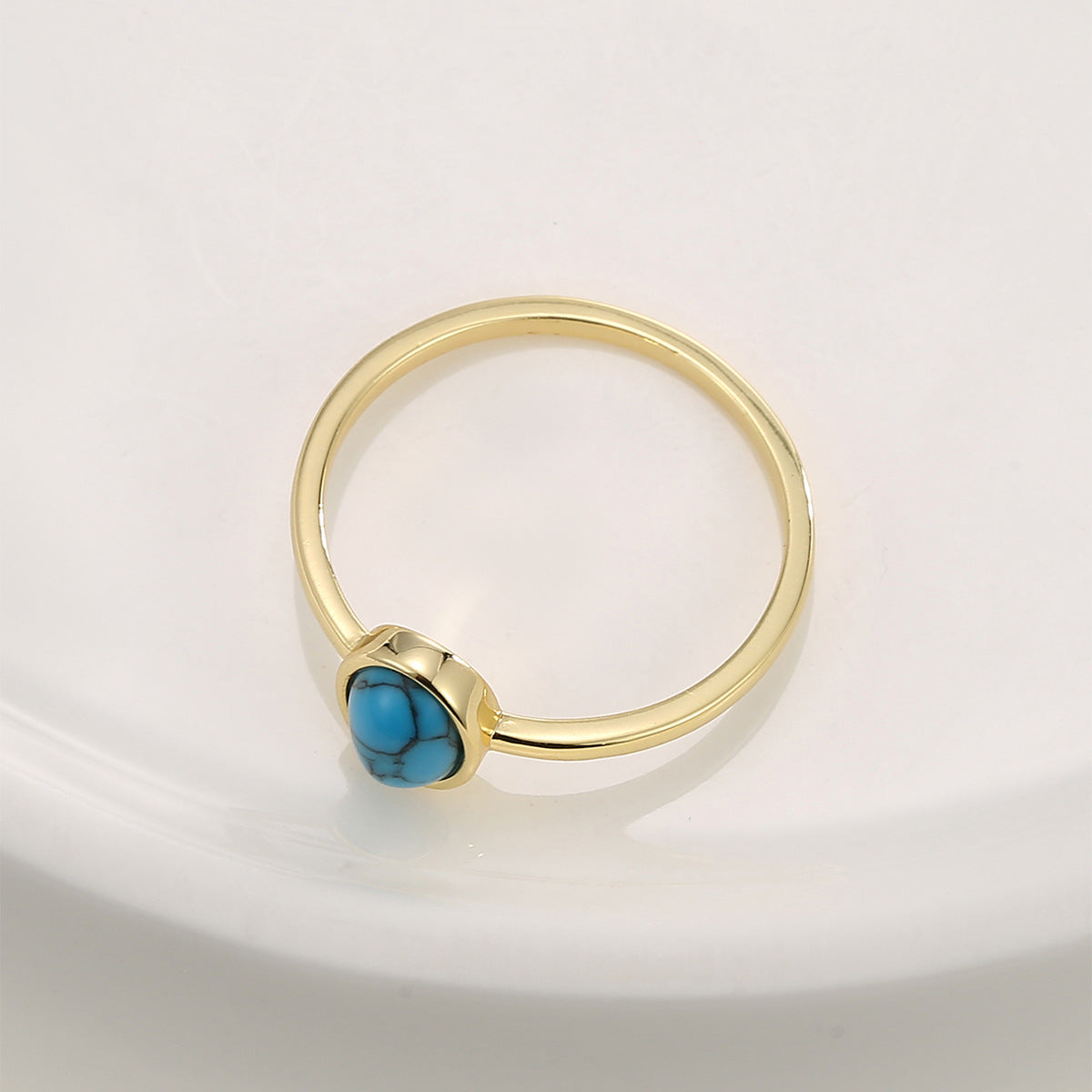 R0677 Bohemian Checkered Design Ring for Women gold Inlaid Oval Turquoise Vintage