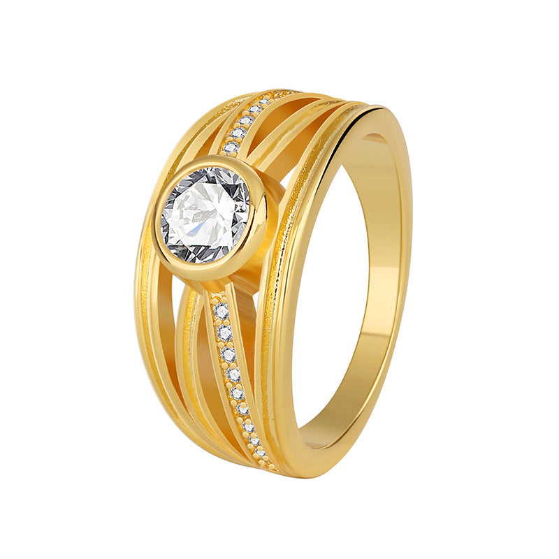 R0319 Fashion Hollow Zircon Ring for Women Brass Gold-Plated Simple Minimalist Ring