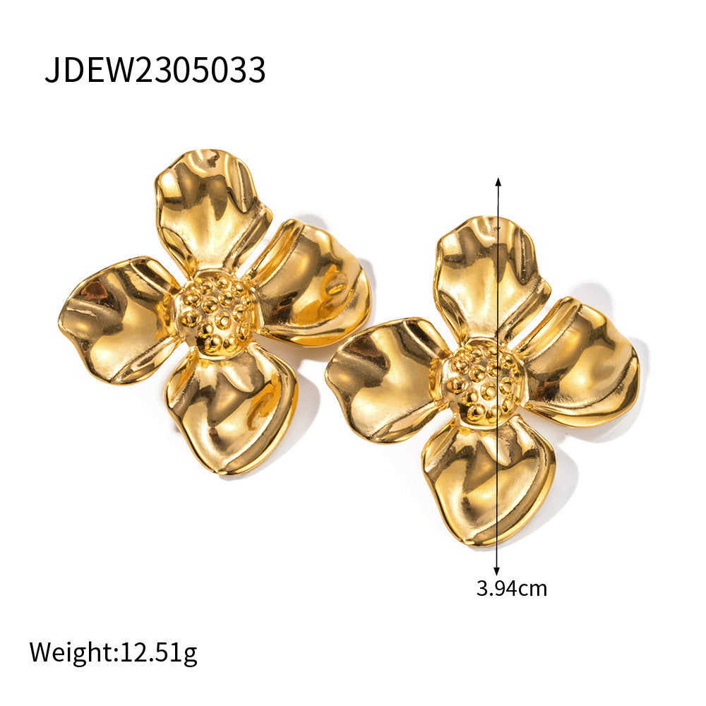 Stainless Steel Pearl Earrings Flower Studs Open Ring Jewelry