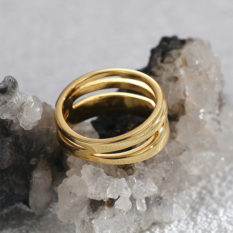 R0582 Fashion Design Sense Surround Ring for Women, Copper Plated with Real Gold, Minimalist Multi-layer