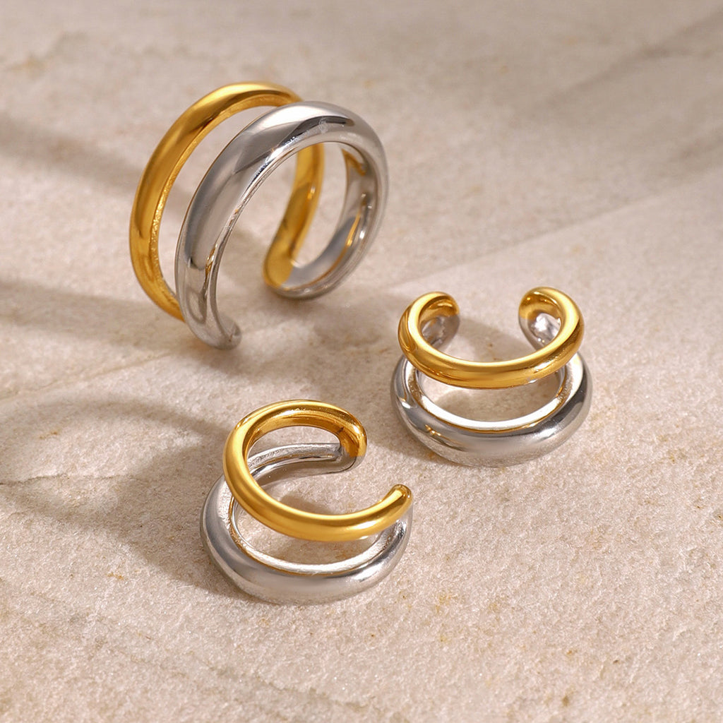 2H 18K Gold Stainless Steel Color-Block Double-Layer Open Ring Minimalist Gold and Silver Two-Tone Ear Clip Geometric