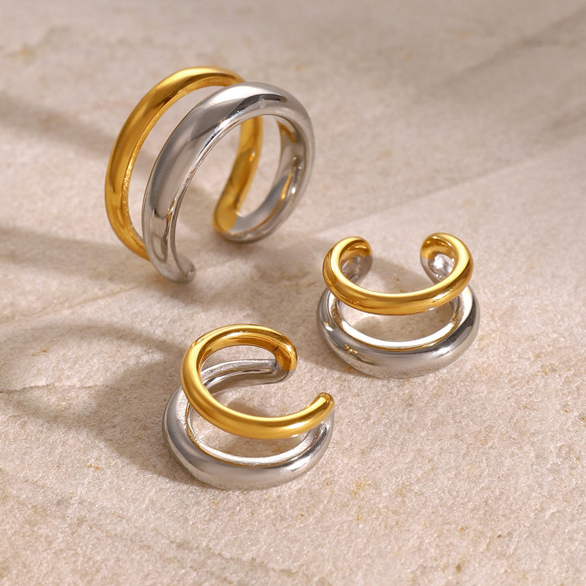 2H 18K Gold Stainless Steel Color-Block Double-Layer Open Ring Minimalist Gold and Silver Two-Tone Ear Clip Geometric