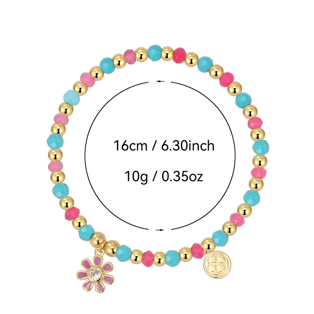 B0301 Pink Daisy Inlaid Zircon Bracelet Blue Shell Chalcedony Beads