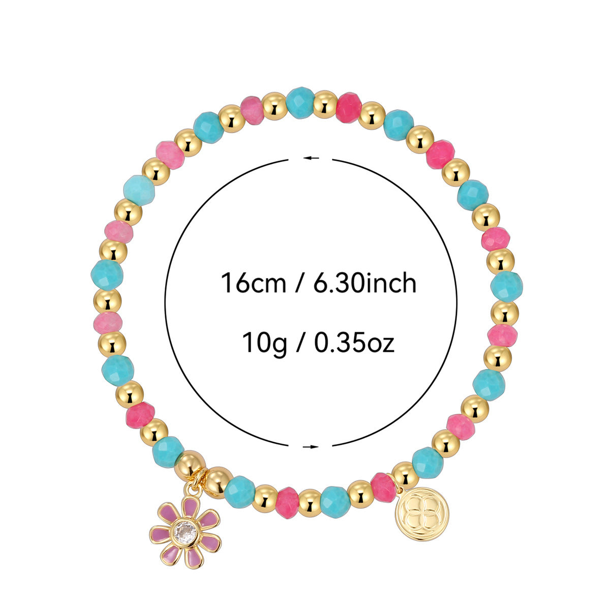 B0301 Pink Daisy Inlaid Zircon Bracelet Blue Shell Chalcedony Beads
