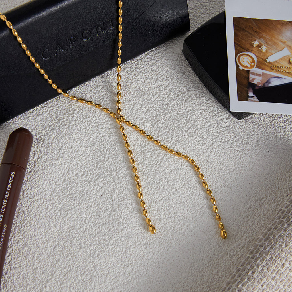 Stainless Steel Rice Bead Tassel Y Chain Necklace Accessories for Women