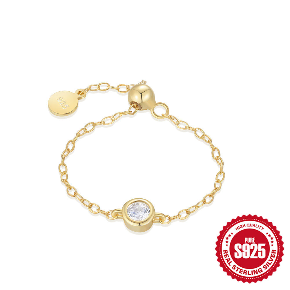 925Sterling Silver Inlaid Zircon Ring for Women Trendy Open Adjustable Chain Ring Silver Jewelry