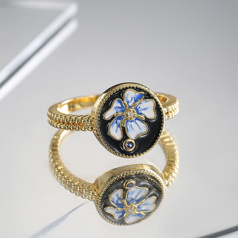 R0545 Japanese Retro Mori Style Small Fragrance Lotus Resin Ring for Women with Micro Pave Zircon Versatile Ring