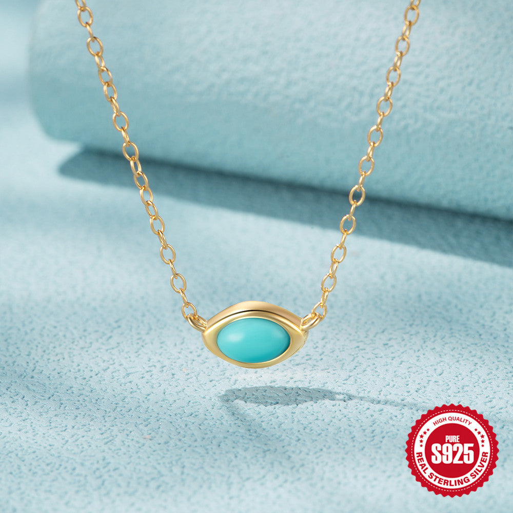 S925 Sterling Silver Vintage Turquoise Diamond Pendant Necklace