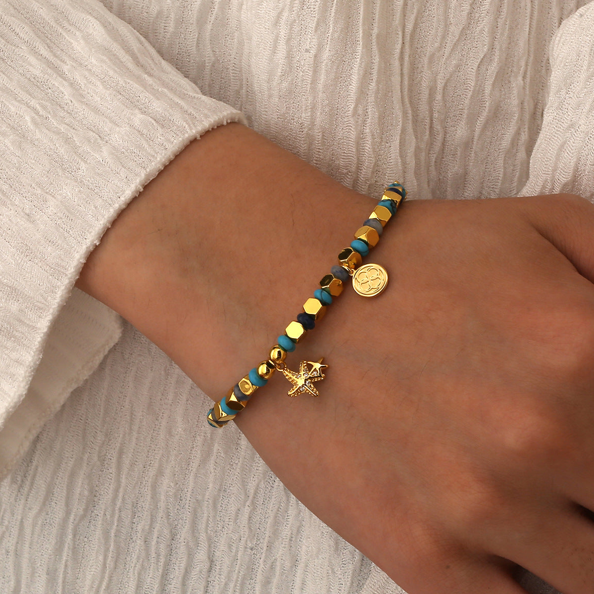 B0295 Bohemian Vacation Starfish Father and Son Zircon Beaded Vintage Blue Dot Quartz Bracelet