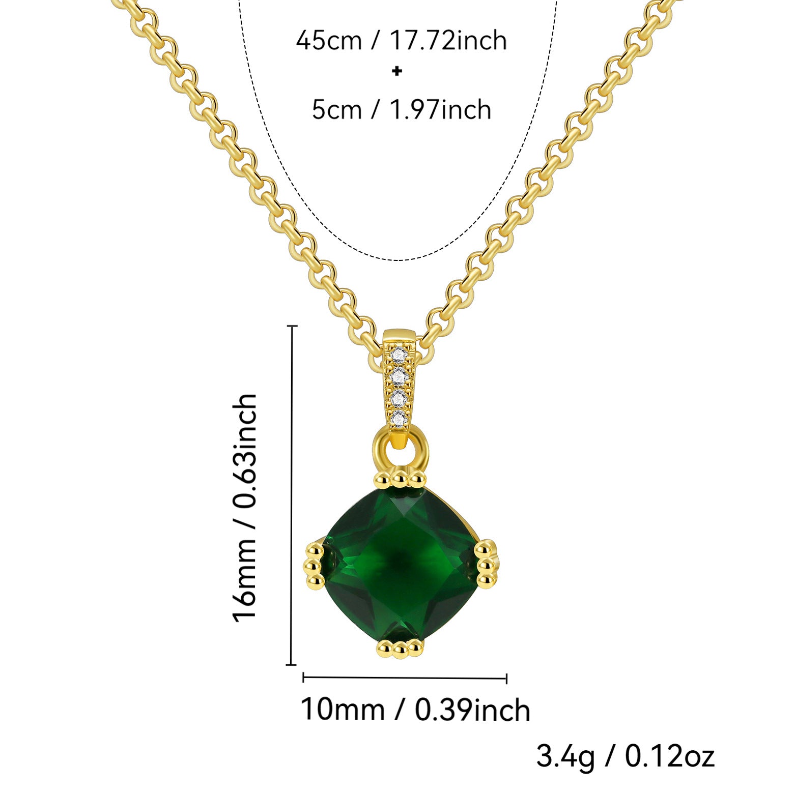 N0260 Fashion Tassel Chain Geometric Square Green Zircon Necklace for Women Micro Pave White Zircon Pendant