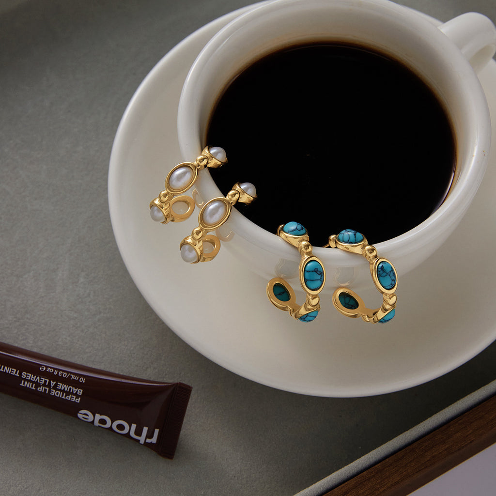 2H Blue Turquoise Resin Pearl Earrings Studs Non-Fading Stainless Steel Jewelry