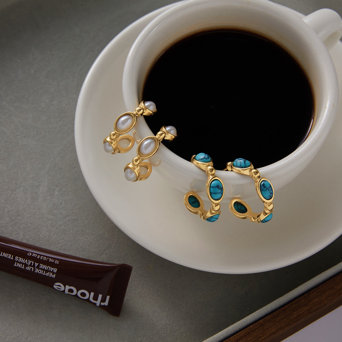 2H Blue Turquoise Resin Pearl Earrings Studs Non-Fading Stainless Steel Jewelry