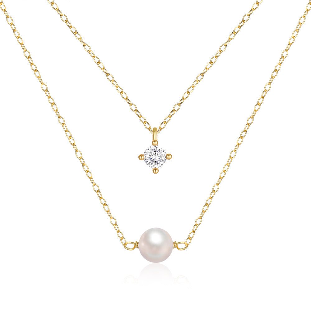 S925 Sterling Silver Double Layer Pearl Necklace With Four Prong CZ