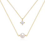 S925 Sterling Silver Double Layer Pearl Necklace With Four Prong CZ