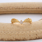 R0147 Japanese and Korean Pastoral Design Wheat Spike Four-Claw Zircon Ring for Women Copper Plated with Real Gold Elegant Fashion