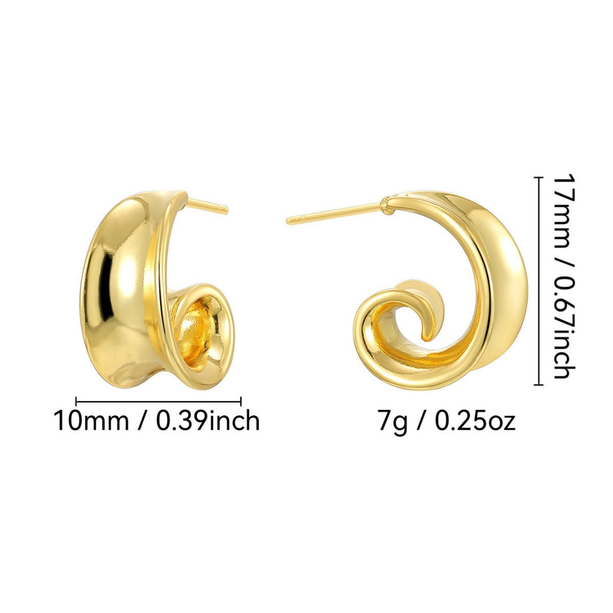 E0782 Design Curved Earrings for Women, Brass Gold-Plated, Simple Smooth Retro Earrings
