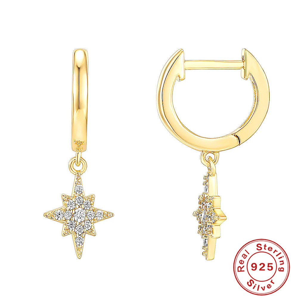 S925Sterling Silver Octagonal Star Geometric Inlaid Diamond Pearl Lock Pendant Earrings Hoop Earrings Ear Clips Trendy Ear Jewelry