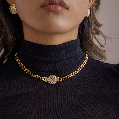 Coin Medallion Vintage Stainless Steel 18K Gold-Plated Pendant Necklace — front view