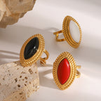 Stainless Steel18K Gold and Black Agate Open Ring Heavy Craft Retro Export Jewelry for Women
