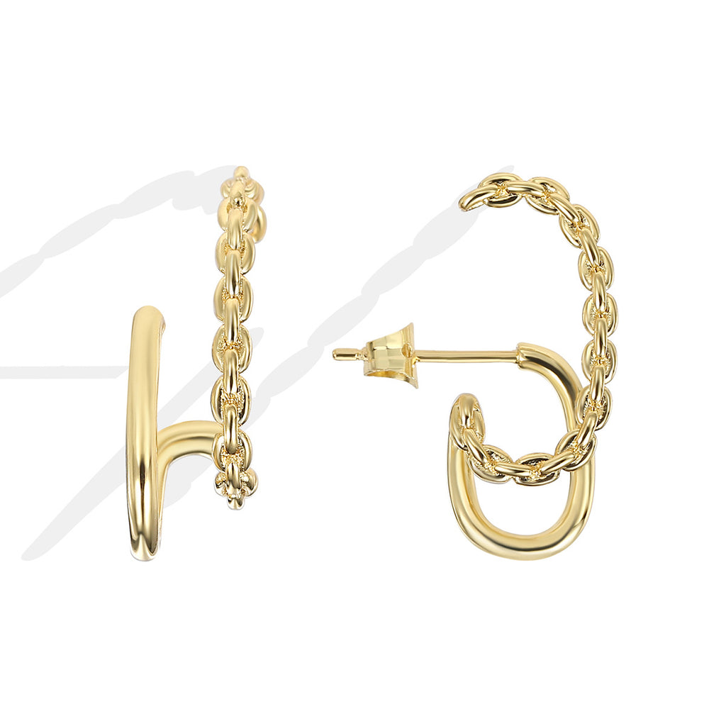 E0344Chain Splicing Hoop Earrings Design Retro Hong Kong Style Twisted Double Layer Earrings Electroplated Real Gold