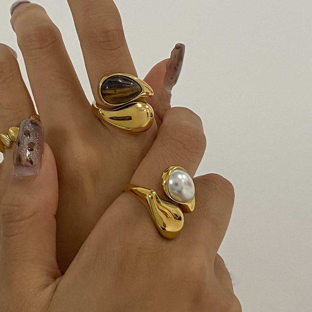 Stainless Steel Water Drop Pearl Ring Tiger Eye Stone ring