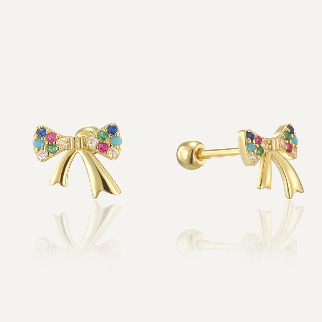 SE0325 S925Silver Colorful Zircon Bowknot Earrings Forest Style Small Sweet Stud Earrings