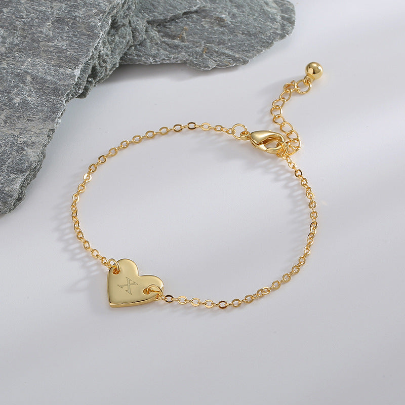B0182  Korean Version Fashion Simple Heart-shaped Bracelet for Women gold Love Heart26Minimalist Letter Style