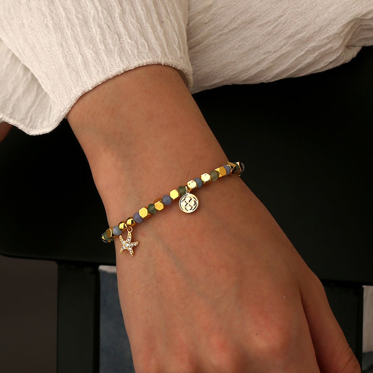 B0300 Fashion Trend Zircon Starfish Bracelet Chalcedony Stone Beaded