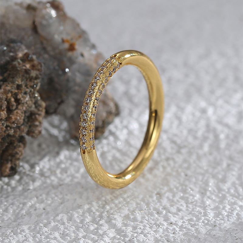 R0586 Simple Ring for Women, Brass with Gold Plating, Micro Pave White Zirconia Plain Band