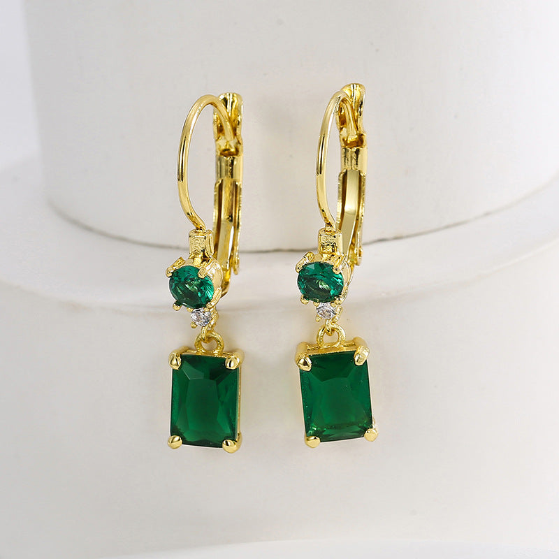 E0477 Design Sense Earrings for Women, Copper Gold-Plated Square Green Zircon Earrings
