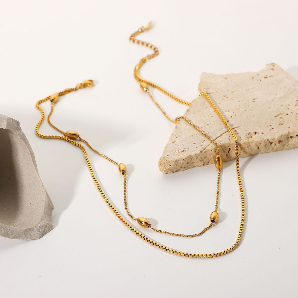 New Hot Sale18K Gold-plated Stainless Steel Jewelry Oval Bead Double-layer Necklace for Women