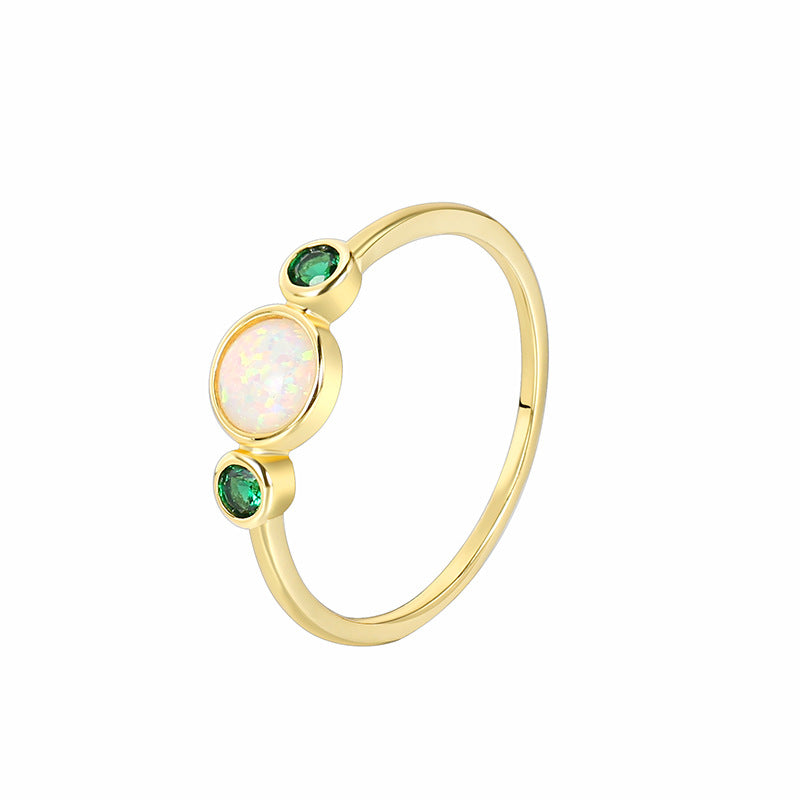 R0238 French Fashion Simple Green Zircon Joint Finger Ring for Women Iridescent Opal Ring