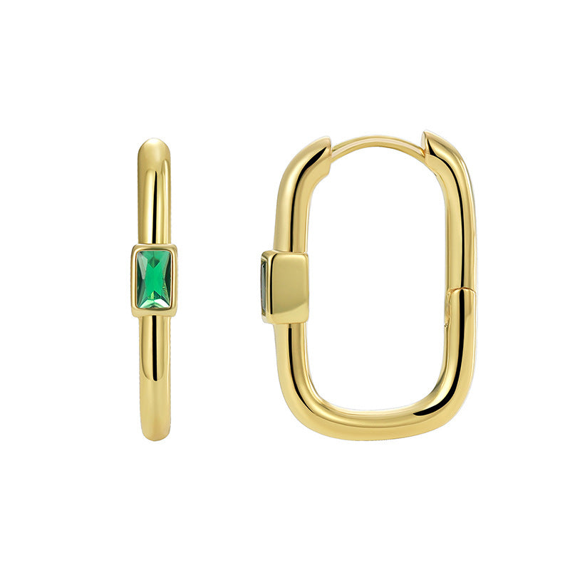E0520 Simple Design Earrings for Women, Brass Gold-Plated with Green Zircon Ear Clips