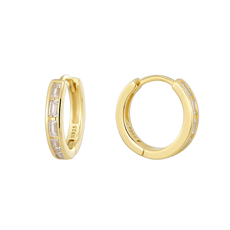 SE0126 S925Silver plating14K Gold French Minimalist Design Single Side Inlaid Square Zircon Earrings for Women, Two Colors Available