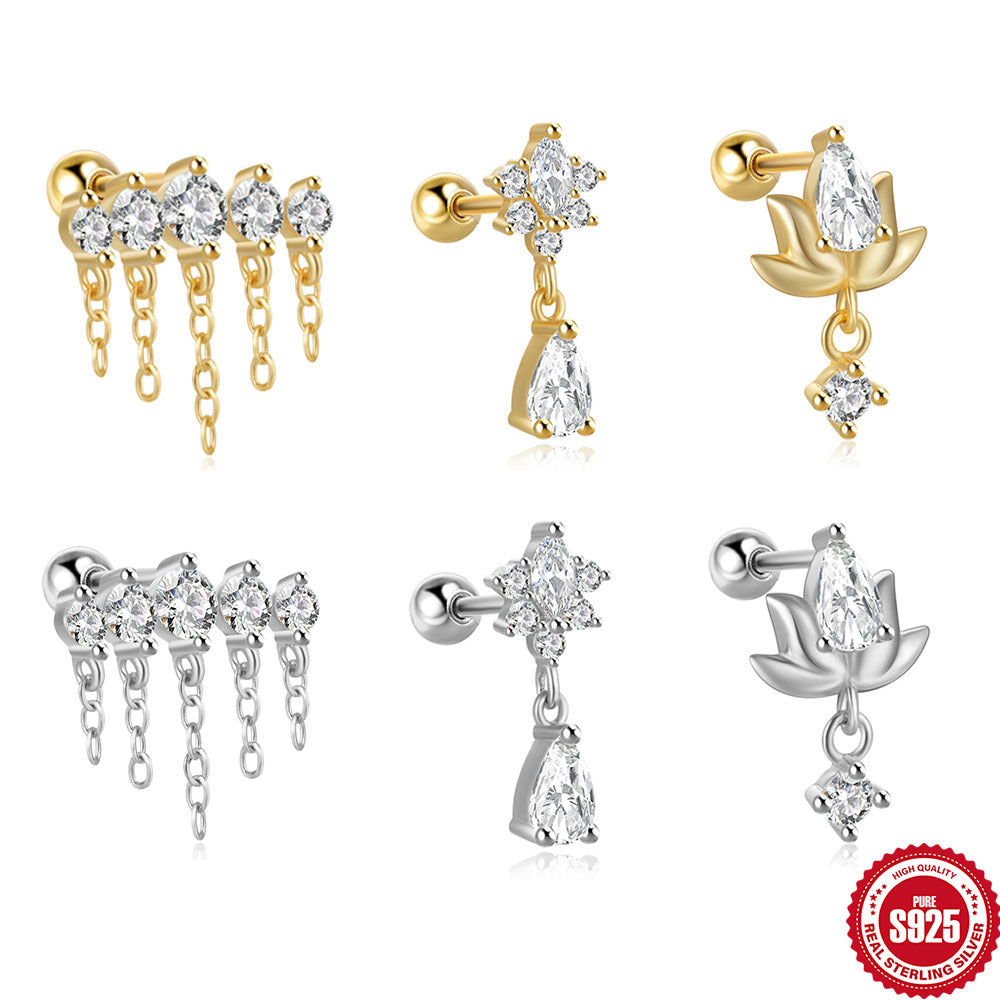 S925Sterling Silver Tassel Inlaid Diamond Chain Earrings Stud Korean Style Hot-Selling Fashion Piercing Jewelry