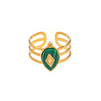 2H18K Gold-plated Stainless Steel French Design Natural Malachite Ring for Women, Non-fading Trendy Jewelry