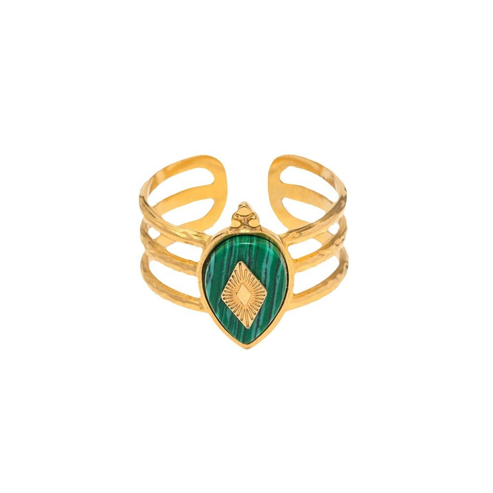 2H18K Gold-plated Stainless Steel French Design Natural Malachite Ring for Women, Non-fading Trendy Jewelry