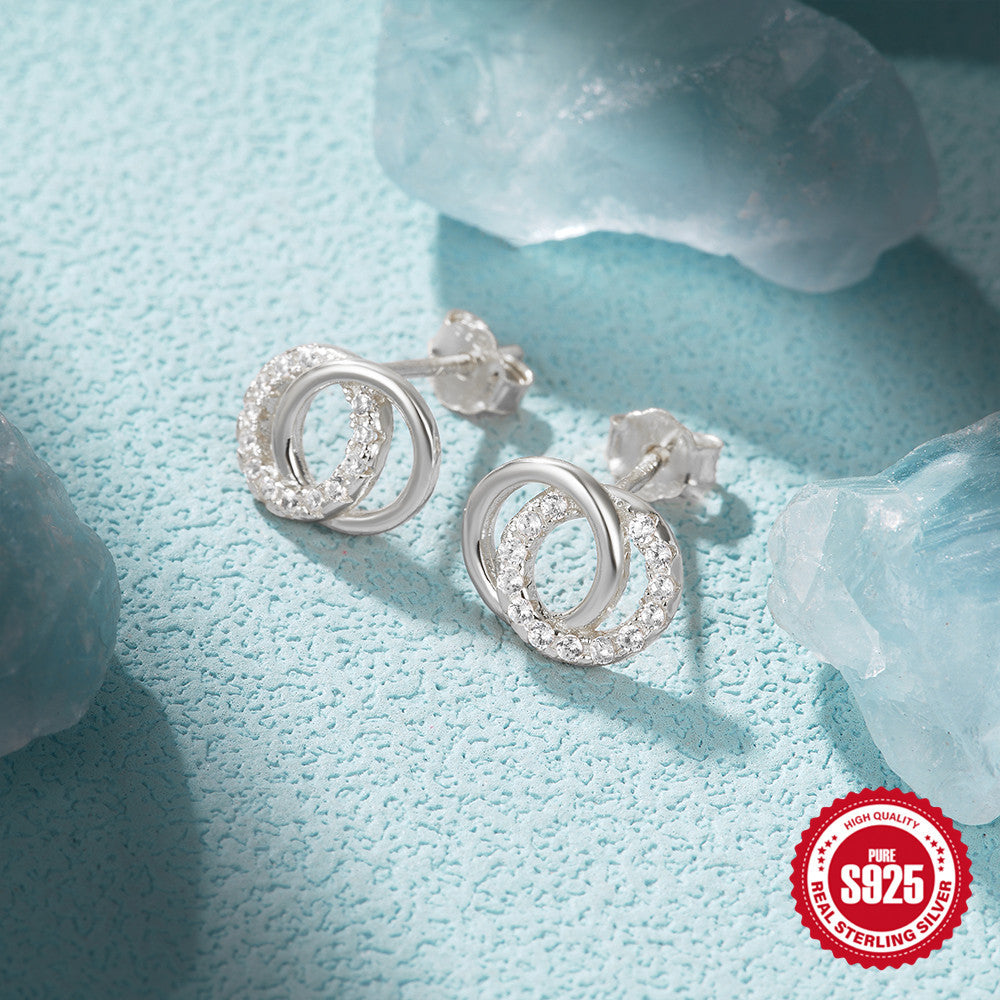 925Sterling Silver Double Circle Diamond Stud Earrings Korean Style Design Sense Simple New Earrings