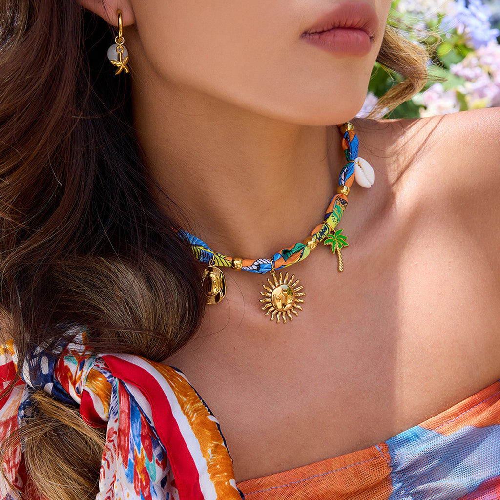 2H Vacation Style Silk Scarf Necklace Collarbone Chain Stainless Steel Jewelry for Women Non-Fading